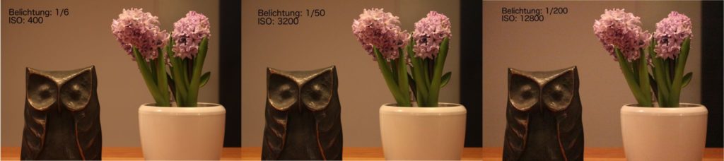 Vergleich von drei Fotos die mit ISO-Automatik gemacht wurden. Der ISO-Wert wächst mit kürzerer Verschlusszeit
